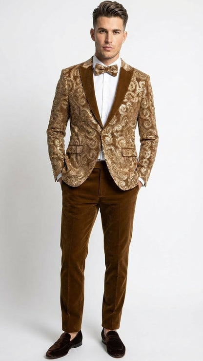Men’s Brown Tuxedo dinner Jacket Blazer – Jacket for Formal Paisley Pattern Coffee Mocca Color + Bowtie