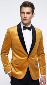Men’s Velvet Gold Tuxedo Dinner Jacket – Black Shawl Lapel Wedding & Prom Blazer