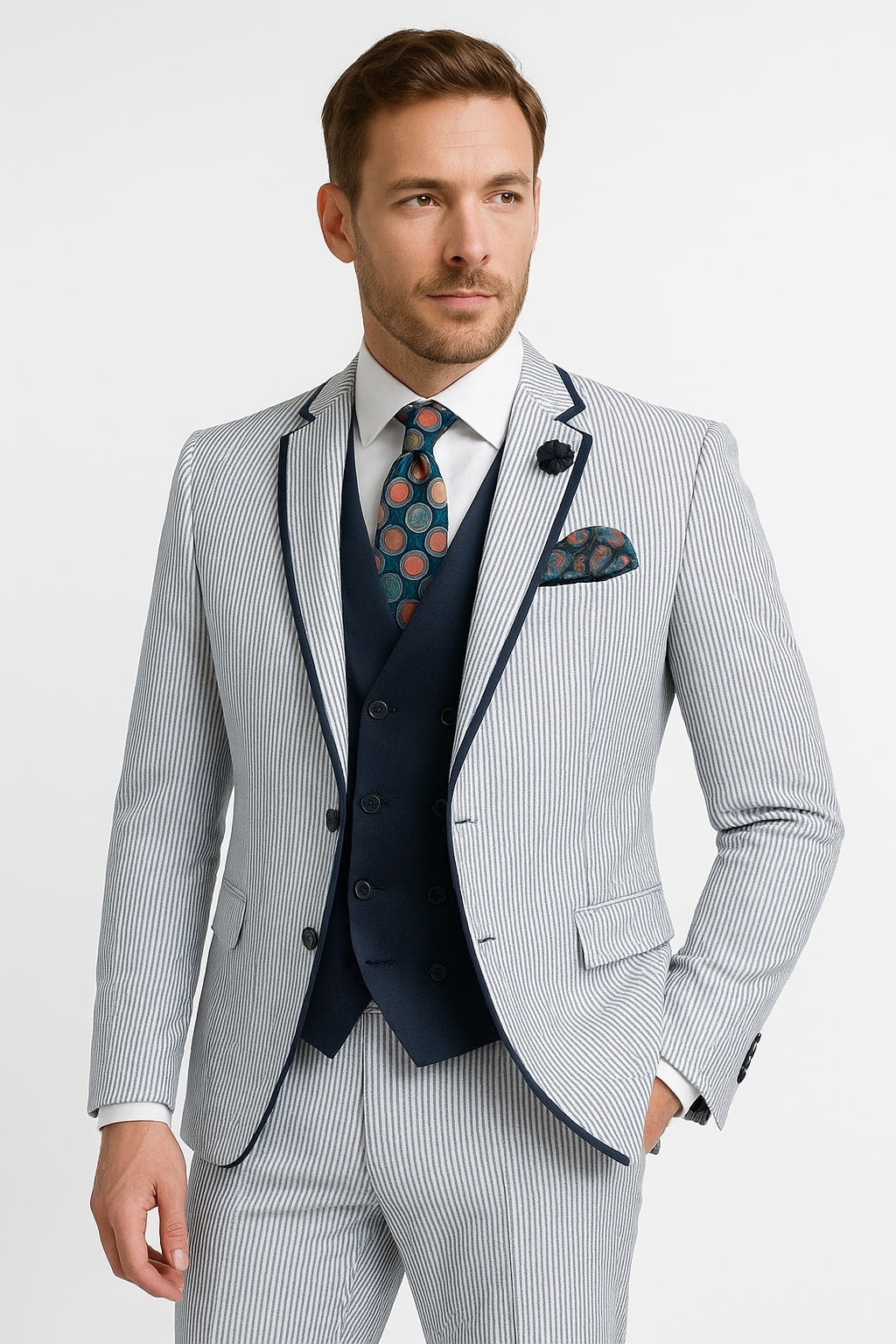 Men's White and Navy Pinstripe Suit with Contrast Trim – 3-Piece Seersucker Style Set for Weddings and Summer Events - Image 2