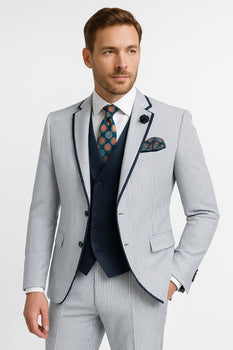 Men's White and Navy Pinstripe Suit with Contrast Trim – 3-Piece Seersucker Style Set for Weddings and Summer Events - Image 2