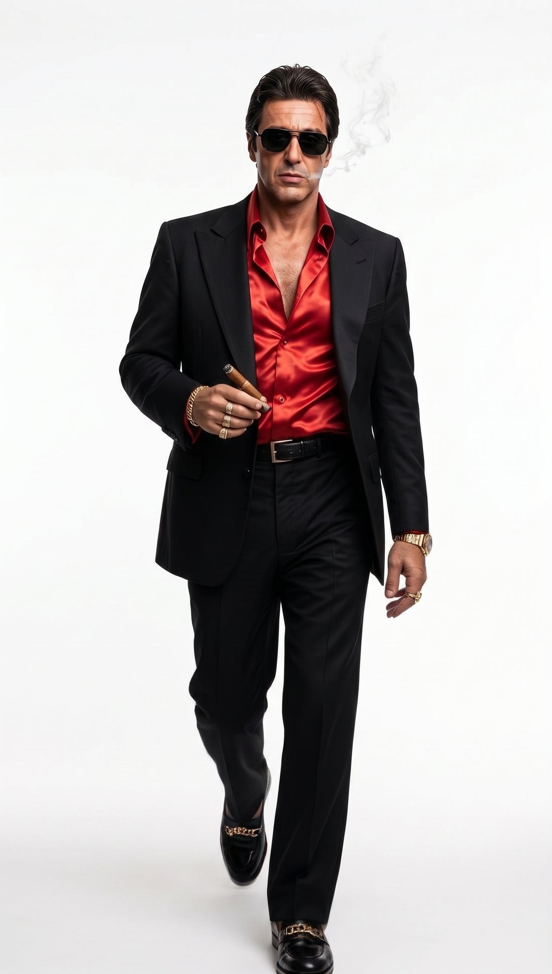 Tony Montana’s Black Blazer with Red Sateen Shirt – Men’s Black Formal Blazer and Red Satin Style Shirt Outfit for Party, Wedding and Vintage Wear