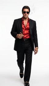 Tony Montana’s Black Blazer with Red Sateen Shirt – Men’s Black Formal Blazer and Red Satin Style Shirt Outfit for Party, Wedding and Vintage Wear