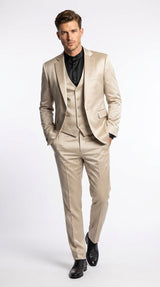 Mens 3-Piece Slim-Fit Shiny All Satin Suit Champagne