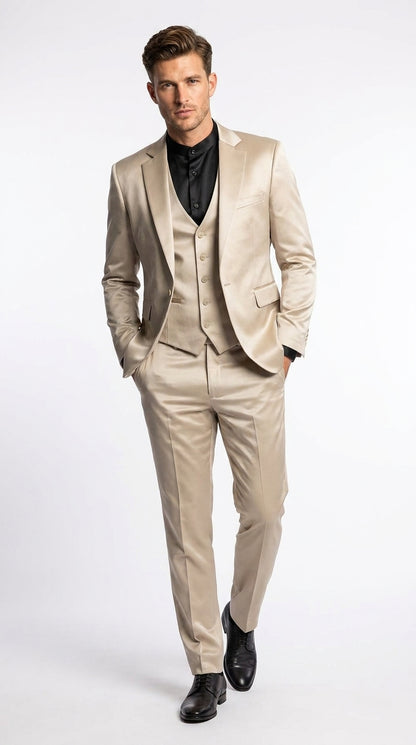 Mens 3-Piece Slim-Fit Shiny All Satin Suit Champagne