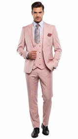 Men’s Blush Pink and Gold Three-Piece Suit – Tailored Fit Formal Wedding, Vested Suit By Rossiman