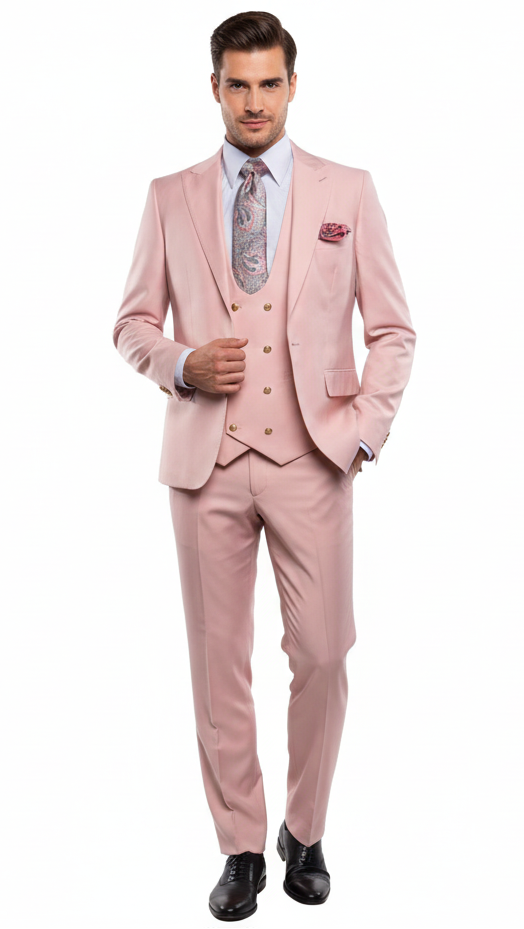 Men’s Blush Pink and Gold Three-Piece Suit – Tailored Fit Formal Wedding, Vested Suit By Rossiman Modern Fit