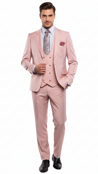 Men’s Blush Pink and Gold Three-Piece Suit – Tailored Fit Formal Wedding, Vested Suit By Rossiman