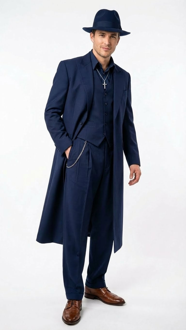 Mens Navy Blue 1920s Zoot Suit – Long Mafia Gangster Three-Piece Vinta