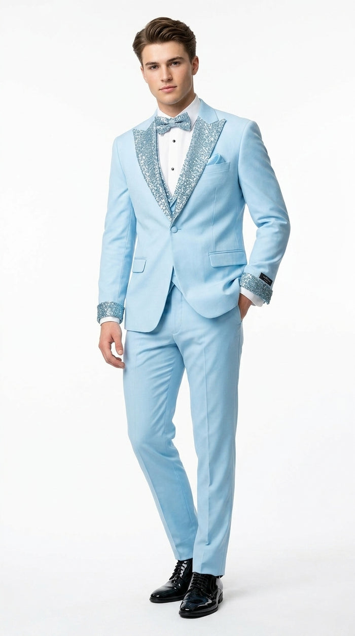 Sky Blue Prom Tuxedo - Perfect Wedding Suit Vested Rhinestone sequin Lapelled