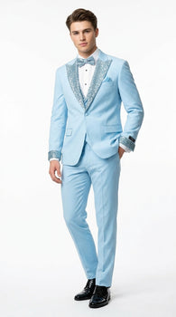 Sky Blue Prom Tuxedo - Perfect Wedding Suit Vested Rhinestone sequin Lapelled