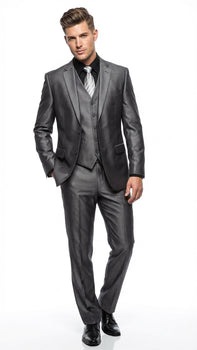 Mens Charcoal Gray Suit With Sheen -  | Shiny Texture Fabric Three Piece Wedding and Party Business