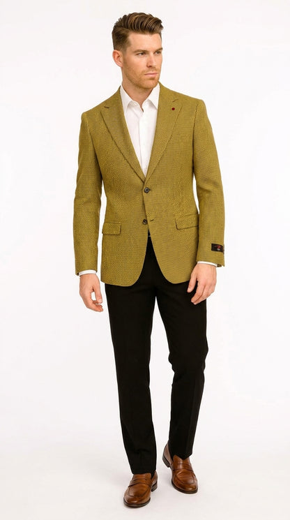 Men’s Mustard Gold Yellow Houndstooth Blazer Jacket, Check Pattern Formal Sport Coat for Weddings, Prom, Business 2 Buttons Modern Fit