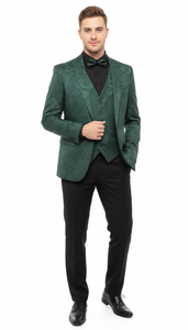 Men’s Emerald Green Paisley Tuxedo 3-Piece Suit – Slim Fit Formal Blazer, Vest, and Pants for Weddings, Proms