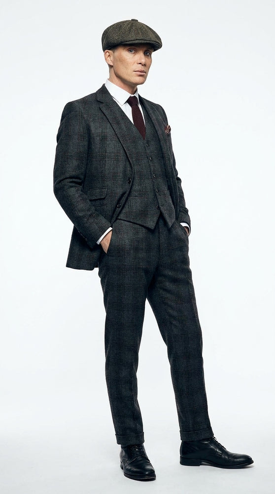 Men's Thomas Shelby Dark Grey Plaid 3-Piece Suit – Peaky Blinders 1920s Vintage Tweed-Style Wedding Suit with Matching Vest & Pants