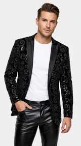 Men’s Black Velvet Sequin Swirl Dinner Jacket – Blazer Paisley Sparkly