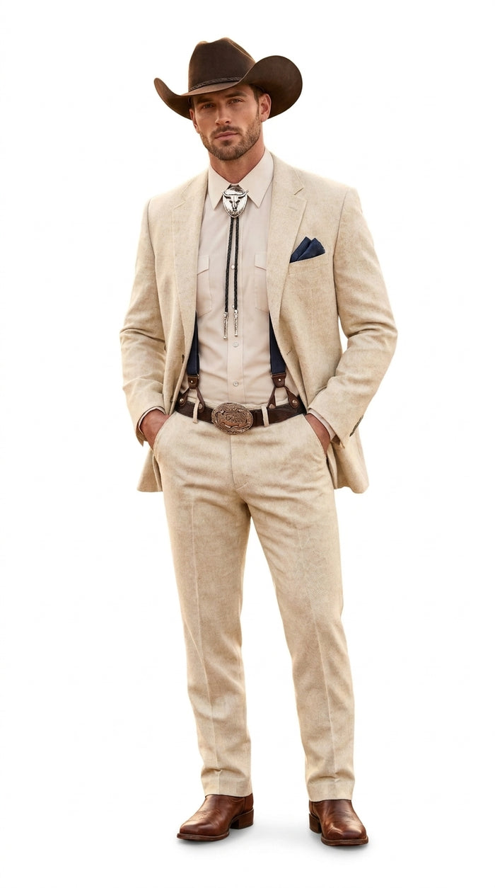 Men’s Natural Sand Linen Western Suit – Cowboy Wedding Jacket & Pants Linen Suit