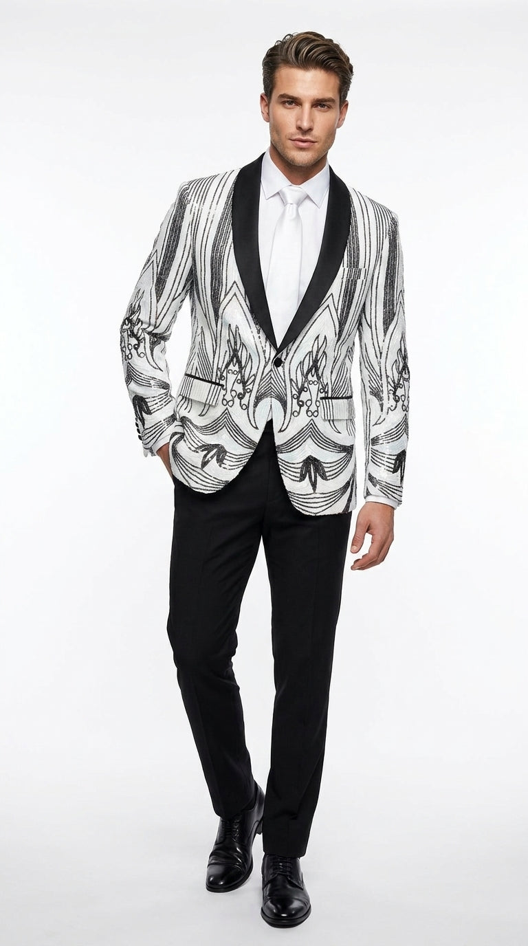 Men’s White and Black Patterned Tuxedo Blazer – Luxury Designer Dinner Jacket for Wedding, Prom and Formal Events New Year Christmas Holiday