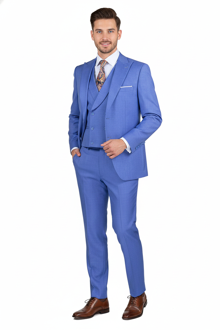 Men’s Light Blue Double-Breasted 3-Piece Suit Set – Tailored Fit Formal Business Suit in Steel Blue Sky Blue Color Modern Fit