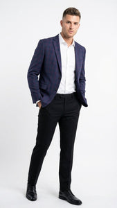 Men’s Big and Tall Navy Blue with Burgundy Plaid Jacket and Sport Coat – Wool Blazer