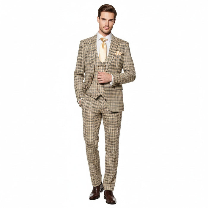 Men’s Beige and Navy Check 3-Piece Suit Set – Premium Tailored Fit Formal Wedding and Business Suit By Rossiman Modern Fit