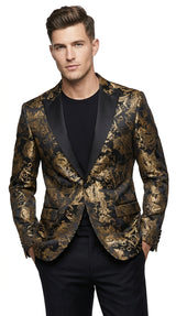 Men’s Black & Gold Paisley Tuxedo Jacket – Luxury Floral Formal Dinner Blazer Black Pants