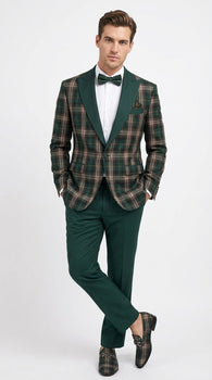 Mens Tartan Green and Brown Blue Plaid Tuxedo Dinner Jacket Set – Checkered Prom Blazer with Dark Green Pants Formal Wedding Party Wear
