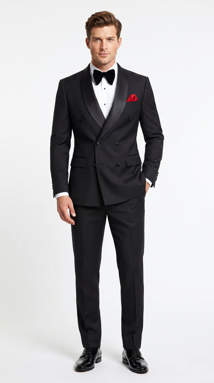 Men’s Black Double Breasted Evening Wear Suit with Satin Shawl Lapel and Red Pocket Square  Modern Fit