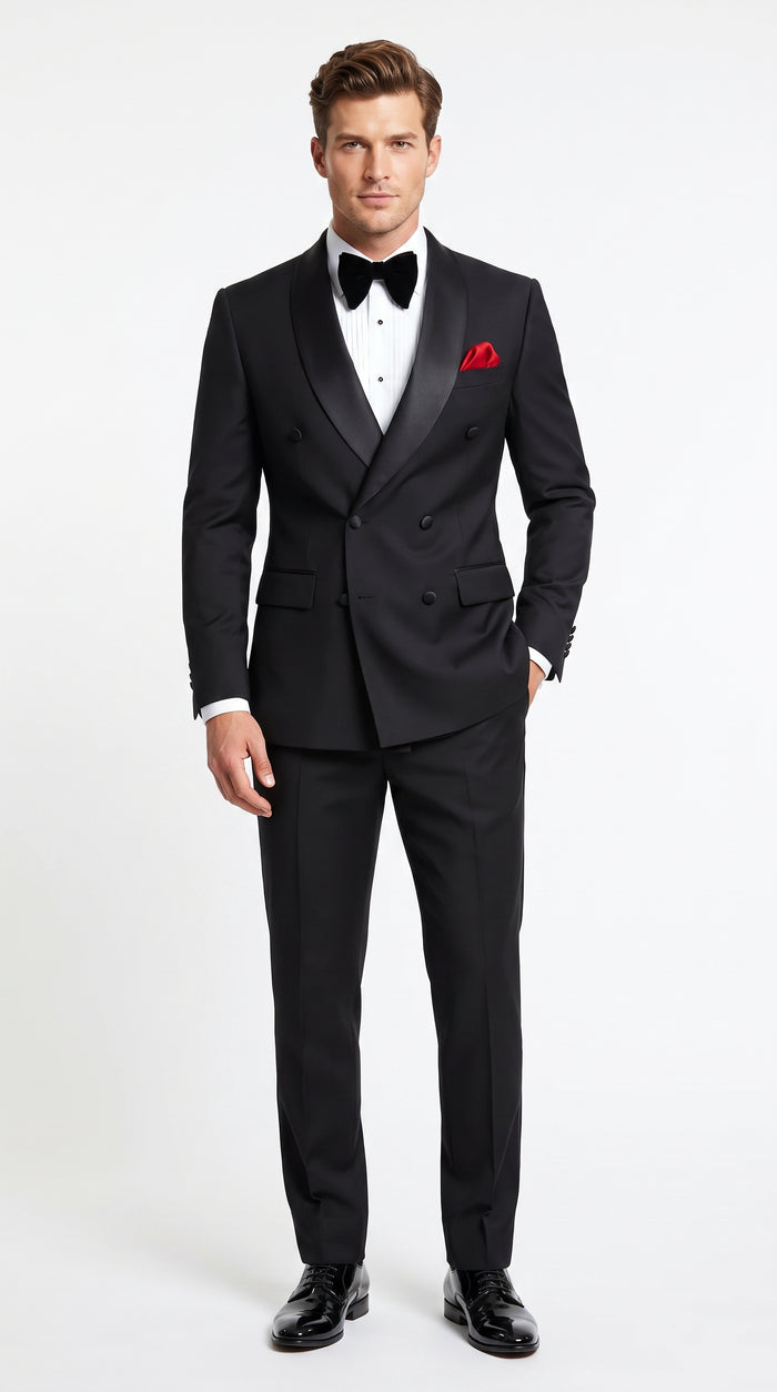Men’s Black Double Breasted Evening Wear Suit with Satin Shawl Lapel and Red Pocket Square  Modern Fit