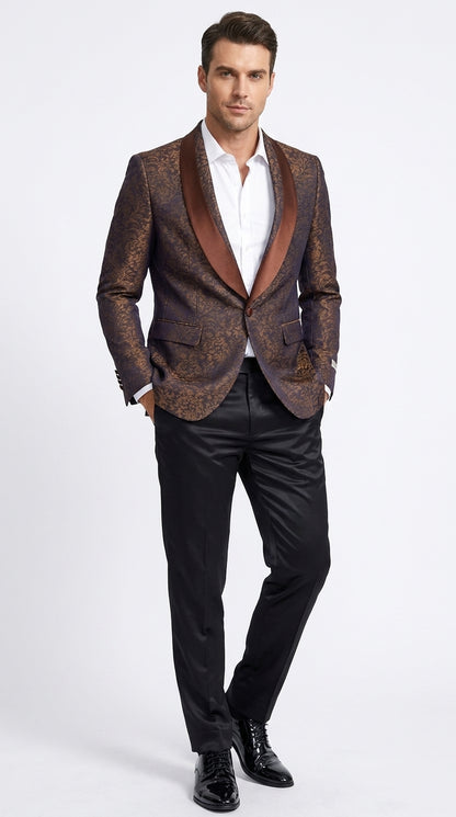 Men’s Light Brown Paisley Tuxedo Jacket, Wedding Prom Dinner Blazer with Satin Shawl Lapel