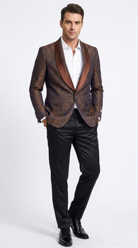 Men’s Light Brown Paisley Tuxedo Jacket, Wedding Prom Dinner Blazer with Satin Shawl Lapel