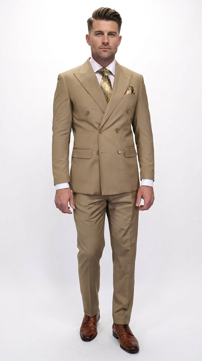 Men’s Statement Brand Caramel Khaki Double Breasted Wool Suit, Designer Formal Business Suit Set Wool Suit in Camel Color  Modern Fit