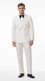 Men’s Ivory Double-Breasted Tuxedo – Gold Button Wedding, Prom and Formal Suit