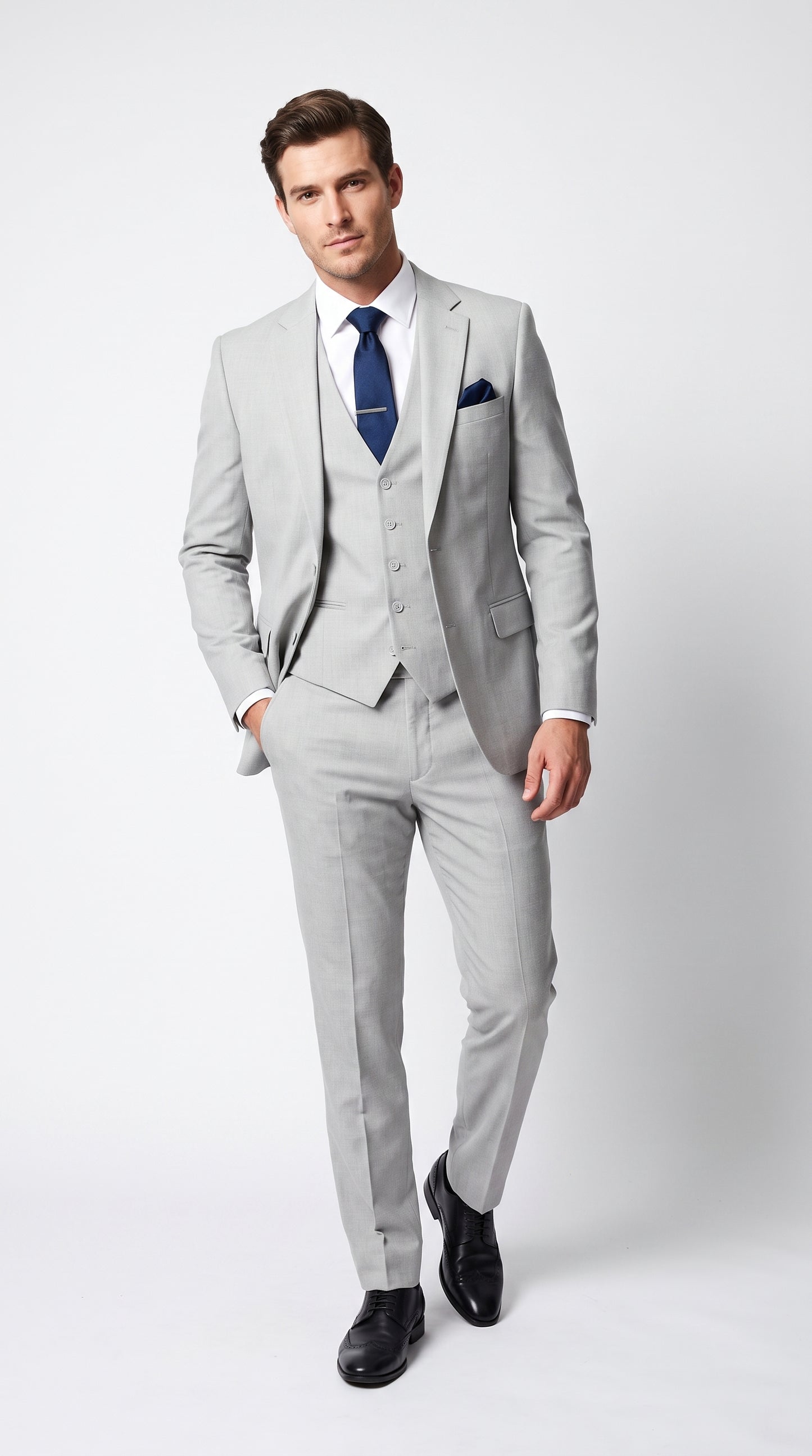 Men’s Silver & Navy Blue 3-Piece Suit – Wedding, Business and Formal Suit with Free Matching Tie  Modern Fit
