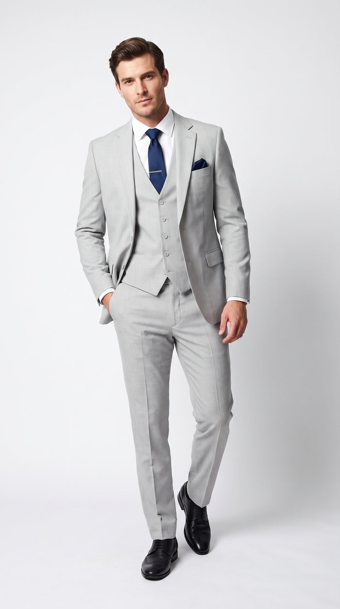 Men’s Silver & Navy Blue 3-Piece Suit – Wedding, Business and Formal Suit with Free Matching Tie  Modern Fit