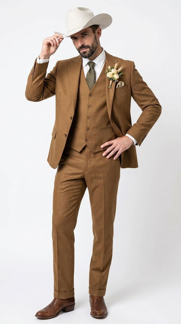 Men’s Tan Groom Outfit Country Wedding 3 Piece Suit Khaki Camel Color Modern Fit