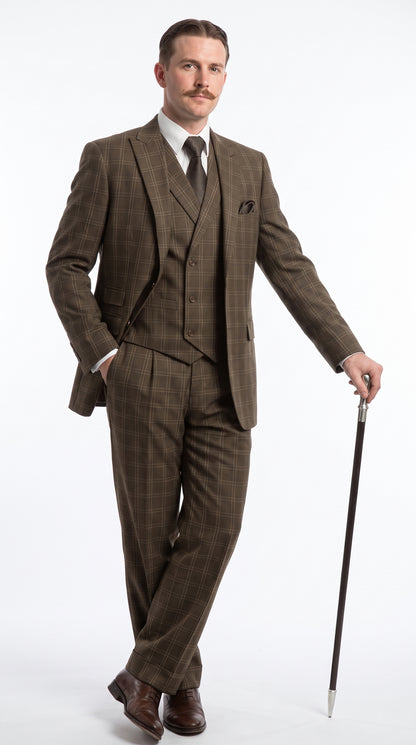 Men’s Edwardian Brown Plaid 3-Piece Suit – Vintage Double-Breasted Vest Wedding and Formal Suit Modern Fit