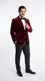 Men’s Gomez Addams Inspired Costume, Burgundy Velvet Blazer with Black Pants Formal Party Outfit Combo