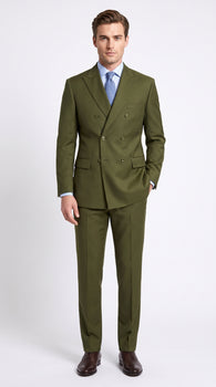 Men’s Olive Green Double-Breasted Suit – Classic Peak Lapel Wedding, Business Hunter Color