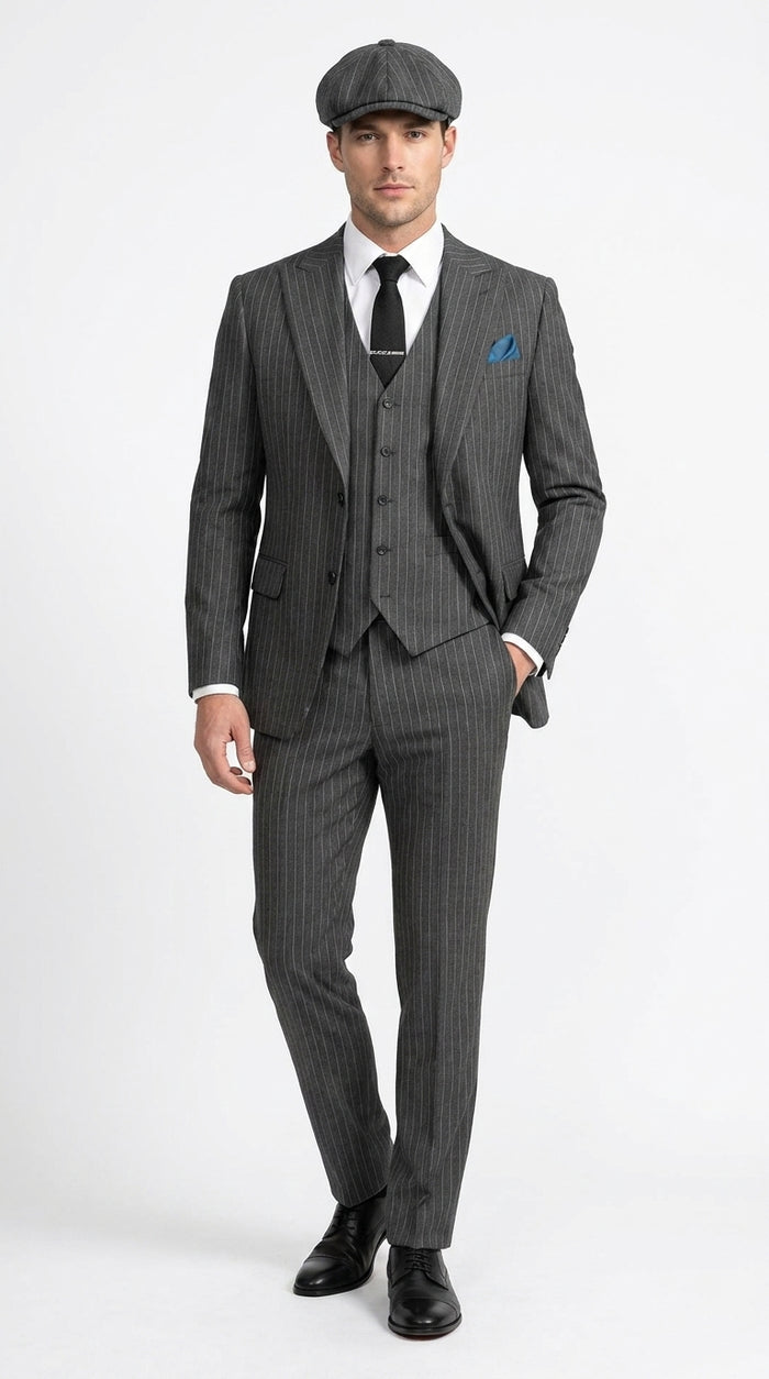 Men’s Thomas Shelby Peaky Blinders Gray Wool Suit Out fit Charcoal Grey Pinstripe 3-Piece  Vintage 1920s Suit  Modern Fit