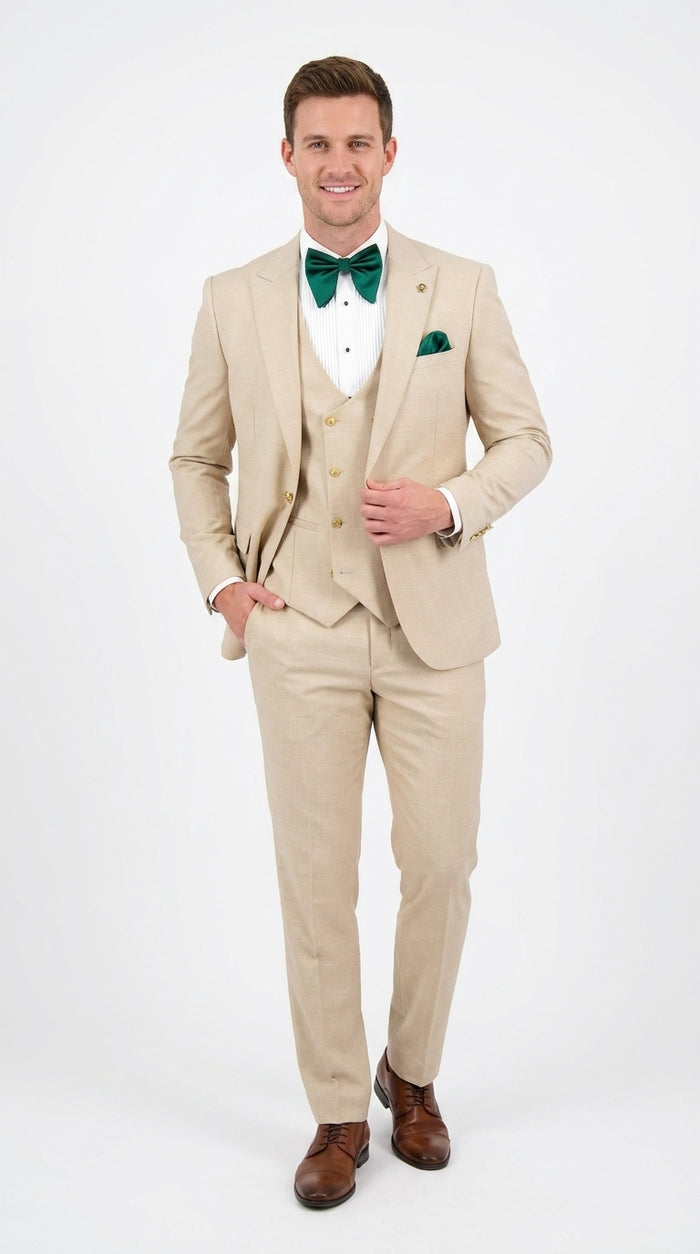 Men’s Khaki Tan 3-Piece Groomsmen Suit – Wedding Suit with Double-Breasted Vest and Pants Great Gatsby Style Gold buttons Modern Fit