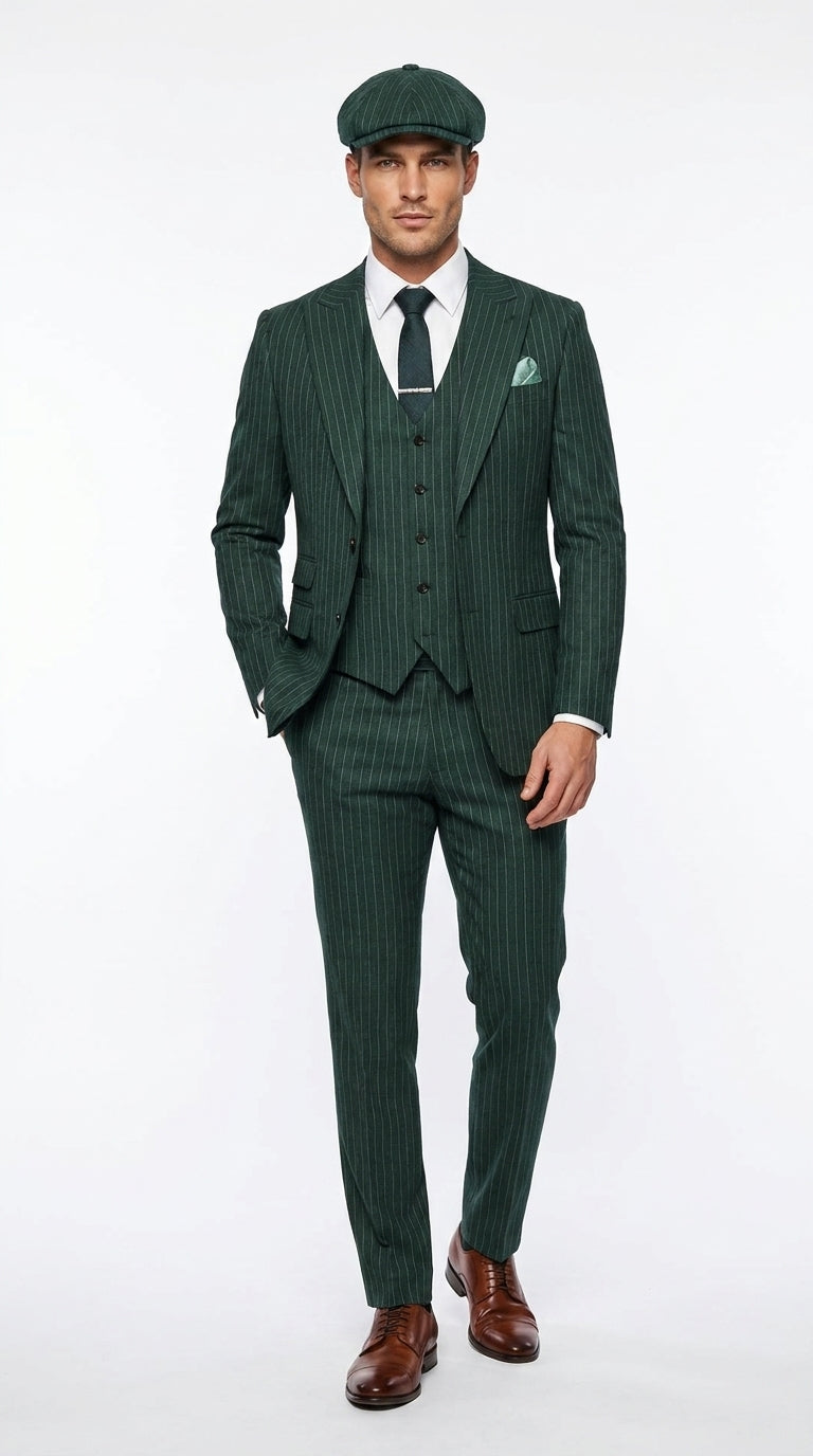 Men’s Hunter Green Pinstripe 3-Piece Suit – Vintage Wedding, Prom and Formal Suit with Matching Vest Modern Fit