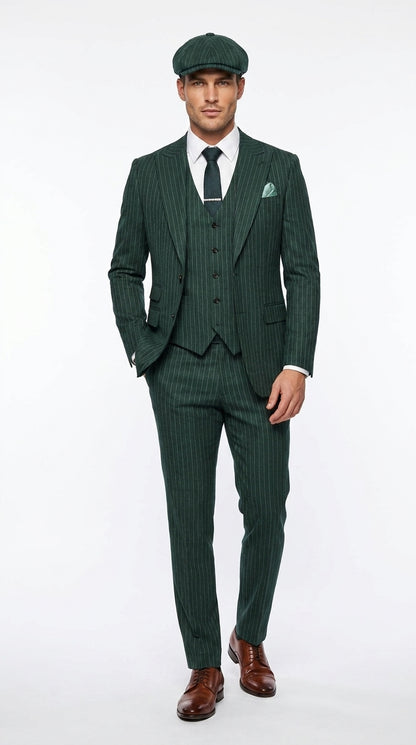 Men’s Hunter Green Pinstripe 3-Piece Suit – Vintage Wedding, Prom and Formal Suit with Matching Vest Modern Fit