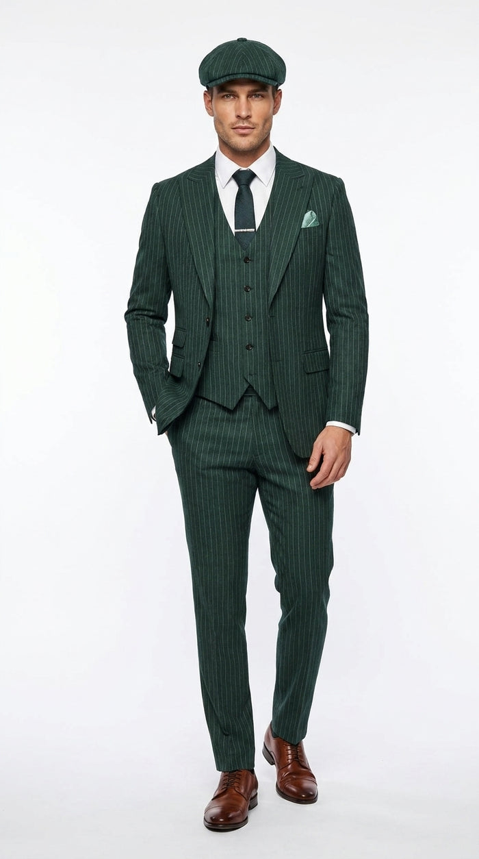 Men’s Hunter Green Pinstripe 3-Piece Suit – Vintage Wedding, Prom and Formal Suit with Matching Vest Modern Fit