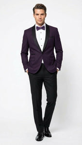 Men’s Eggplant Plum Purple Tuxedo Blazer with Satin Lapel, White Tuxedo Shirt and Matching Purple Bow Tie - Slim Fitted - Prom wedding Suit With Pants
