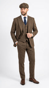 Peaky Blinder Men’s Brown Tweed 3-Piece Suit – Vintage Wedding, Business and Formal Suit with Matching Vest and Pants