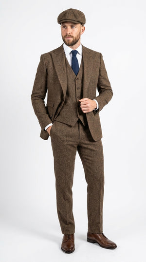 Peaky Blinder Men’s Brown Tweed 3-Piece Suit – Vintage Wedding, Business and Formal Suit with Matching Vest and Pants