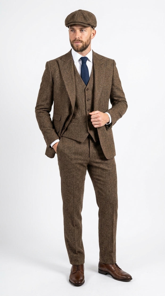 Peaky Blinder Men’s Brown Tweed 3-Piece Suit – Vintage Wedding, Business and Formal Suit  with Matching Vest and Pants Modern Fit