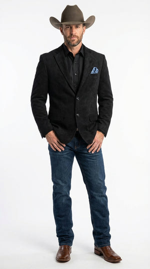 Men’s Black Suede Cowboy Blazer with Elbow Patch Sleeves – Black Western Style Suede Sport Coat for Casual and Smart Casual Wear