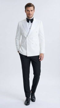 Men’s White Double Breasted Dinner Jacket Blazer with Black Pants – Formal Tuxedo Style Outfit for Weddings