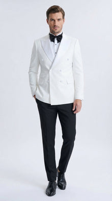 Men’s White Double Breasted Dinner Jacket Blazer with Black Pants – Formal Tuxedo Style Outfit for Weddings